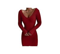 SERUMY Strickkleid Damen Neue Frauen Mode Oberhalb Kniel Gestrickter Kleid Herbst Casual Deep V-Ausschnitt Sexy Langarm Slim Shef Color Kleid-Burgundy,M