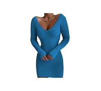 SERUMY Strickkleid Damen Neue Frauen Mode Oberhalb Kniel Gestrickter Kleid Herbst Casual Deep V-Ausschnitt Sexy Langarm Slim Shef Color Kleid-Blue,5XL