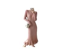 SERUMY Strickkleid Meerjungfraukleid Dicke Gestrickte Einteilige Kleidergewänder Für Frauen Elegantes Langarm Midi Pullover Kleid-Pink,M 47.5-55Kg