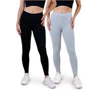 SES blickdichte Leggings Damen Baumwolle 2er Pack 32-34 schwarz/grau meliert - Baumwoll Leggings Damen lang mit Perfekter Passform & Komfort für vielfältige Looks