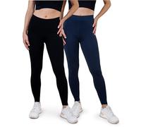 SES blickdichte Leggings Damen Baumwolle 2er Pack 32-34 schwarz/Navy Blue - Baumwoll Leggings Damen lang mit Perfekter Passform & Komfort für vielfältige Looks