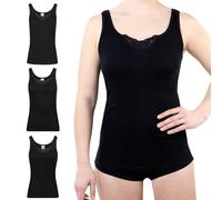 SES Top Damen 3er-Pack Schwarz 52 Baumwolle Unterhemden mit Spitze & weicher Feinripp-Qualität Trägertop Basic Top