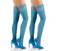 sesto senso 2 Paar Halterlose Strümpfe Blickdicht 40 Den mit Spitze Damen 3XL/4XL Petrol Blau