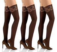 sesto senso 3 paar Halterlose Strümpfe 50 DEN Spitze Mikrofaser Blickdicht Damen Braun 3XL/4XL Caffe