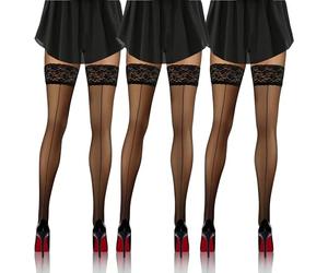 sesto senso 3 Pack Damen Halterlose naht-strümpfe mit Rückennaht Muster 20 DEN Spitzenstrümpfe Schwarz 3XL/4XL Naht