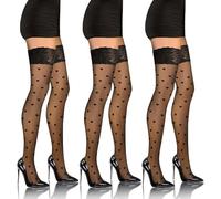 sesto senso 3 Pack Damen Halterlose Strümpfe mit Muster Herzmuster 20 DEN Spitzenstrümpfe Schwarz 3XL/4XL Hearts
