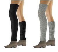 sesto senso Stulpen Damen 2er pack Baumwolle Beinwärmer Overknee Waden Winter Strick Wadenwärmer zopfmuster hell Melange schwarz