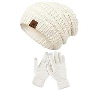 Set aus Mütze und Handschuhen | Set mit Strickhandschuhen, winddicht, warm, Touchscreen-Handschuhe und Mütze - für Laufen, Sport, Wandern, Schnee und, weiß, Se référer au descriptif