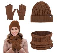 Set aus Mütze und Schal für Damen, Set aus Schal und Handschuhen für Damen, Mütze und Handschuhe aus Samt für Damen, warmer Schal, Wintermütze, Set aus Schal und Handschuhen für Damen, braun, Se