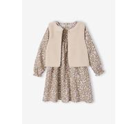 Set aus Musselin-Kleid & Weste aus Teddyfleece Mädchen wollweiß Gr. 134 von Vertbaudet
