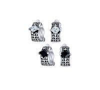 Set aus zwei Bali Balinesischen schwarzen klaren Kristallranken Scroll Halbkreolen Clip-On-Ohrringen für nicht durchstochene Ohren für Frauen, schwarz oxidiert versilbert
