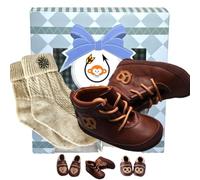 Set: Babyschuhe Braun Gr. 20/21 mit Brezel Motiv & Trachtensocken Beige