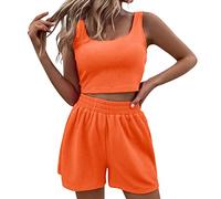 Set Damen Outfit 2 Teiler Damen Sommer Zweiteiler Damen Shorts und Top Sets 2 Piece Spaghettiträger Bauchfrei Tops Camisole Crop Tank Tops Kurze Hose Shorts Hauseanzug Kombi 2-Teiler Home (Orange, L)