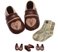 Set: Krabbelschuhe Braun Gr. 18/19 mit Hirsch Herz & Trachtensocken Beige