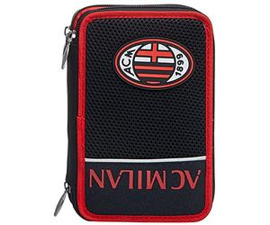 Seven AC Milan Federmäppchen, Federtasche für Schreibwaren, Etui komplett mit Bleistiften, Filzstiften, Schulmaterial, mit 3 Fächern, Mädchen, Schule - Grundschule, XXL Fußball rot schwarz