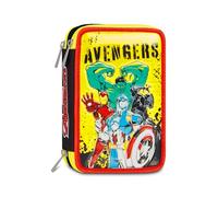 Seven Avengers Schulmäppchen mit 3 Reißverschlüssen, Gelb, Dreifachfach, Stifthalter, Inhalt 44 Stück, Schreibwaren enthalten, Zubehör Rucksack, Grundschule und Kindergarten, Kind
