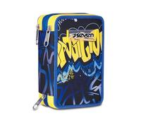 Seven Federmäppchen für die Schule mit 3 Reißverschlüssen, Blau-Gelb, Dreifachfach mit Stiften, Bleistiften, Farben, Zubehör Rucksack, Grundschule, Kinder, blau, Taglia Unica