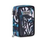 Seven Federmäppchen Kinder, Mäppchen Junge mit Inhalt, Federtasche Schule 3 Fächer,Schüleretui, groß mit Blei- und Filzstiften, blau/schwarz