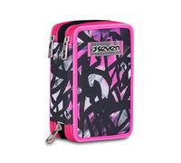 Seven Federmäppchen Kinder, Mäppchen Mädchen mit Inhalt, Federtasche Schule 3 Fächer, Schüleretui, groß mit Blei- und Filzstiften, Fucsia/schwarz