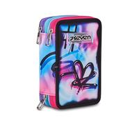 Seven Federmäppchen Kinder, Mäppchen Mädchen mit Inhalt, Federtasche Schule 3 Fächer, Schüleretui, groß mit Blei- und Filzstiften, rosa/schwarz