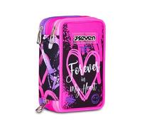 Seven Federmäppchen, Mäppchen, Mehrfarbig, Federtasche für Schreibwaren, Etui gefüllt mit Bleistiften, Filzstiften, Schulmaterial, mit 3 Fächern, Mädchen, Schule - Grundschule, XXL, rosa