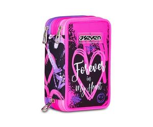 Seven Federmäppchen, Mäppchen, Mehrfarbig, Federtasche für Schreibwaren, Etui gefüllt mit Bleistiften, Filzstiften, Schulmaterial, mit 3 Fächern, Mädchen, Schule - Grundschule, XXL, rosa