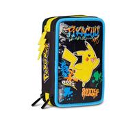 Seven Federmäppchen, Mäppchen, Pokemon Pikachu - Federtasche für Schreibwaren, Etui komplett mit Bleistiften, Filzstiften, Schulmaterial, mit 3 Fächern, Mädchen, Schule - Grundschule, XXL, blau