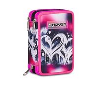 Seven Federmäppchen mit 3 Reißverschlüssen PLUMPY LINE GIRL, Rosa, Federmäppchen, 3 Fächer, 45 Stück, komplett mit Stiften, Bleistiften und Farben, Zubehör Rucksack, Grundschule, Kindergarten, Mädchen