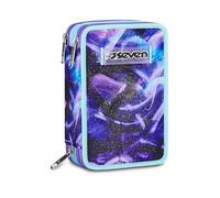 Seven gefülltes Mäppchen, mit 3 Fächern, Federtasche komplett mit Bleistiften, Filzstiften, Zubehör, Etui für Schreibwaren, Schulmaterial, Schule und Freizeit, Mädchen und Jungen, violett/blau