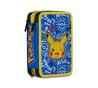 Seven Pokemon gefülltes Mäppchen, mit 3 Fächern, Federtasche komplett mit, Bleistiften, Filzstiften, Zubehör, Etui für Schreibwaren, Schulmaterial, Schule und Freizeit, Mädchen und Jungen, gelb/blau