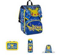 Seven Pokemon Pikachu Erweiterbarer Schulranzen gelb/blau + Brotdose Kinder + Trinkflasche Edelstahl Kinder + Turnbeutel für Mädchen und Jungen