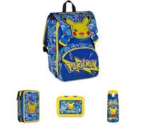 Seven Pokemon Pikachu Erweiterbarer Schulranzen gelb/blau + Mäppchen mit 3 Fächern + Brotdose Kinder + Trinkflasche Edelstahl Kinder