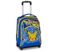 Seven Pokemon Schulranzen mit Rollen, 36 l, Doppelfach, versenkbare Schultergurte, doppelte Verwendung, Fronttasche, ideal für Grundschule, Freizeit, Jungen, Mädchen, blau/gelb Pikachu