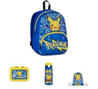 Seven Pokémon Set Kinderrucksack 14 L + Brotdose Kinder + Trinkflasche Edelstahl Kinder Wasserflasche mit Strohhalm 460ml + Turnbeutel Kinder für Mädchen und Jungen