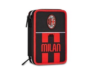 Seven Schulmäppchen mit 3 Reißverschlüssen, Mailand, Schwarz, Dreifachfach, 45 Stück, Schreibwaren-Set enthalten, Zubehör Rucksack, Grundschule, Kinder und Jugendliche, Fußball, offizielles Produkt