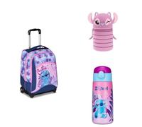 Seven Set Lilo & Stitch Schulranzen Mädchen mit Rollen, 2 in 1 Schulrucksack mit Trolley 1.-4. Klasse + Mäppchen aus Silikon + Trinkflasche