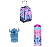 Seven Set Lilo & Stitch Schulranzen Mädchen mit Rollen, 2 in 1 Schulrucksack mit Trolley 1.-4. Klasse + Mäppchen aus Silikon + Trinkflasche