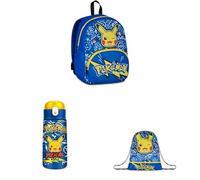 Seven Set Pokémon Kinderrucksack 14 L + Trinkflasche Edelstahl Kinder Wasserflasche 460ml Pokémon Turnbeutel Kinder, Sportbeutel für Mädchen und Jungen