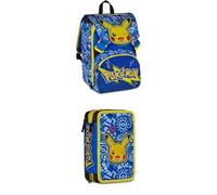 Seven Set Pokemon Pikachu Erweiterbarer Schulranzen, mit Trinkflaschenfach, für Grundschule ab 1. Klasse, 6-10 Jahre + gefülltes Mäppchen, mit 3 Fächern, mit Bleistiften, Filzstiften