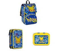 Seven Set Pokemon Pikachu Erweiterbarer Schulranzen, mit Trinkflaschenfach, für Grundschule ab 1. Klasse, 6-10 Jahre + gefülltes Mäppchen, mit 3 Fächern, mit Bleistiften, Filzstiften + Brodose