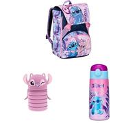 Seven Set Schulranzen Mädchen 1. Klasse Lilo & Stitch, erweiterbarer Schulrucksack + Mäppchen aus Silikon + Trinkflasche