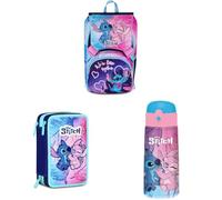 Seven Set Schulranzen Mädchen 1. Klasse Lilo & Stitch, erweiterbarer Schulrucksack + Mäppchen mit 3 Fächern + Trinkflasche
