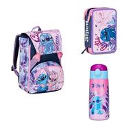 Seven Set Schulranzen Mädchen 1. Klasse Lilo & Stitch, erweiterbarer Schulrucksack + Mäppchen mit 3 Fächern + Trinkflasche