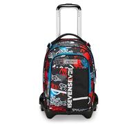 SEVEN Schultrolley Jack mit 3 Rollen, Schwarz Rot, Half Street, 3 in 1, Dreifachverwendung, Rucksack mit abnehmbarem Wagen, Tasche für Trinkflasche und Crossover System, Schulrucksack für Reisen,
