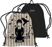 Seven, Wednesday Addams - Sportbeutel, Turnbeutel, Schuhbeutel für Kinder, Mädchen - Schule und Kindergarten, leichte Stofftasche, Wechselkleidung, Rucksack mit Kordelzug, schwarz-beige