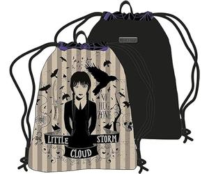 Seven, Wednesday Addams - Sportbeutel, Turnbeutel, Schuhbeutel für Kinder, Mädchen - Schule und Kindergarten, leichte Stofftasche, Wechselkleidung, Rucksack mit Kordelzug, schwarz-beige