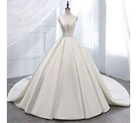 SEVENYXX Brautjungfernkleid Braut Schulter V-Ausschnitt Satin Hochzeit Kurzarm Lange Spitze A-Linie Brautkleid Abendkleid, Weiß, 18w
