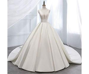 SEVENYXX Brautjungfernkleid Braut Schulter V-Ausschnitt Satin Hochzeit Kurzarm Lange Spitze A-Linie Brautkleid Abendkleid, Weiß, 18w