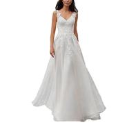 SEVENYXX Brautkleid Frauen Strand Bohemian Spitze Brautkleid Ärmellos Brautkleid, weiß, 48