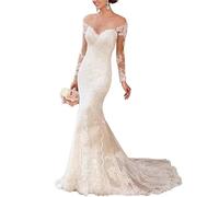 SEVENYXX Brautkleid Langarm Meerjungfrau Spitze Brautkleid Backless Brautkleid, weiß, 40